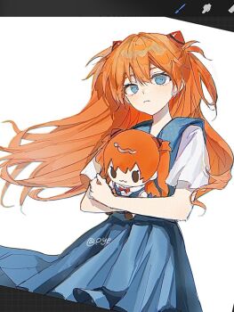 1girl artist_name blue_dress blue_eyes character_doll closed_mouth commentary doll double-parted_bangs dress film_grain frown hair_between_eyes hair_ornament holding holding_doll hugging_doll hugging_object long_hair looking_at_viewer neon_genesis_evangelion pinafore_dress pleated_dress procreate_(software) pye_yyy screencap shirt short_sleeves simple_background sleeveless sleeveless_dress solo souryuu_asuka_langley symbol-only_commentary two_side_up upper_body white_background white_shirt wind