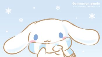 :3 animal animal_focus blue_background blue_eyes blue_scarf blush_stickers chibi chibi_only cinnamoroll commentary_request dog fuwa_fuwa_cinnamoroll no_humans official_art sanrio scarf second-party_source simple_background snowflakes snowing solo striped_clothes striped_scarf white_dog