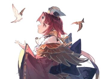 1girl beni-enma bird fate/grand_order fate_(series) feather_trim hat highres jnsghsi long_hair low_ponytail ponytail profile red_eyes red_hair sparrow white_background wide_sleeves