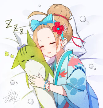 1girl =_= ahoge bed_sheet blue_bow blue_kimono blush bow brown_hair closed_eyes commentary floral_print floral_print_kimono forehead from_above hair_bow hair_bun hair_ornament hair_ribbon head_on_pillow heaven_burns_red highres hugging_object japanese_clothes kanzashi kimono long_sleeves lying on_side ooshima_yotsuha open_mouth pillow print_kimono red_ribbon ribbon rinki_oohen signature single_hair_bun sleeping solo stuffed_animal stuffed_cat stuffed_toy symbol-only_commentary upper_body wide_sleeves yukata zzz