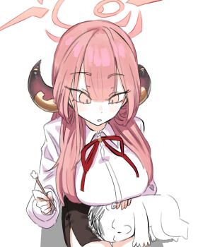 1boy 1girl absurdres aru_(blue_archive) black_skirt blue_archive commentary demon_horns doodle_sensei_(blue_archive) halo hetero highres horns lap_pillow long_hair long_sleeves looking_at_another mimikaki miniskirt neck_ribbon neophyte pink_hair red_ribbon ribbon sensei_(blue_archive) side_slit simple_background skirt thighs white_background