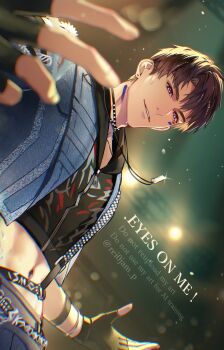 1boy absurdres black_gloves black_pants black_vest blue_vest brown_eyes brown_hair caleb_(love_and_deepspace) crop_top facepaint fingerless_gloves gloves highres hood hood_down hooded_vest hoodie looking_at_viewer love_and_deepspace male_focus midriff navel official_alternate_costume pants parted_bangs parted_lips rei_(usabiba) short_hair solo twitter_username vest watermark