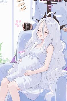 Rule 34 | 1boy, 1girl, ^ ^, absurdres, ahoge, alternate costume, artist name, bare legs, black necktie, blue archive, blush, closed eyes, commentary, couch, couple, cup, demon horns, demon wings, dress, feet out of frame, grey hair, hair between eyes, halo, hand on own stomach, hetero, highres, hina (blue archive), holding, holding cup, horns, husband and wife, indoors, jewelry, long hair, long hair between eyes, mug, multiple horns, necktie, nekoya (liu), on couch, out of frame, pregnancy halo, pregnant, pregnant loli, ring, sensei (blue archive), shirt, sitting, smile, solo focus, twitter username, very long hair, wedding band, wedding ring, white dress, white shirt, wings
