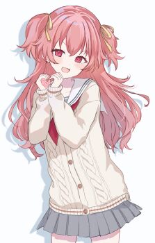 1girl :d absurdres blush cable_knit cardigan collarbone commentary contrapposto cowboy_shot crossed_bangs drop_shadow fang grey_serafuku grey_shirt grey_skirt hair_ribbon hands_up heart heart_hands heart_in_heart_hands highres long_hair long_sleeves looking_at_viewer miyamasuzaka_girls&#039;_academy_school_uniform momoi_airi natsuna_(momomoiro) neckerchief open_mouth pink_eyes pink_hair pleated_skirt project_sekai red_neckerchief ribbon sailor_collar school_uniform serafuku shirt sidelocks simple_background skirt sleeves_past_wrists smile solo standing two_side_up white_background white_sailor_collar yellow_cardigan yellow_ribbon