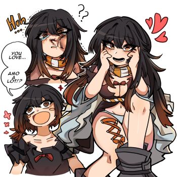 1girl aged_down amo_empool black_dress black_hair boots breasts cleavage commentary crying crying_with_eyes_open dress english_text gachiakuta happy highres large_breasts long_hair multicolored_hair multiple_views naia_lowpi_ovo navel open_mouth orange_eyes orange_hair panties smile solo speech_bubble tears thigh_boots torn_clothes torn_dress two-tone_hair underwear white_panties