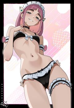 1girl absurdres adapted_costume arm_garter artist_name bikini black_bikini black_choker cameltoe choker commentary english_commentary frilled_thigh_strap hair_ornament hairclip highres lacey_(fall_2025)_(pokemon) lacey_(pokemon) maid maid_bikini maid_headdress medium_hair navel nintendo otokakoto paid_reward_available parted_lips pink_hair pokemon pokemon_masters_ex simple_background smile solo stomach swimsuit thigh_strap unconventional_maid