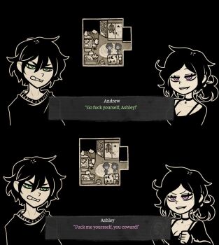 1boy 1girl andrew_graves_(the_coffin_of_andy_and_leyley) angry ashley_graves black_choker black_hair black_shirt choker dinside97 english_text gameplay_mechanics green_eyes hair_between_eyes highres official_style pink_eyes seductive_smile shirt smile the_coffin_of_andy_and_leyley upper_body user_interface visual_novel