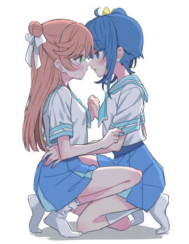 2girls blue_eyes blue_hair blue_neckerchief blue_sailor_collar blue_skirt blush bow from_side green_eyes hair_bow hair_bun hair_ribbon half-closed_eyes hand_on_another's_hip highres hirogaru_sky!_precure holding_hands interlocked_fingers izumi_kirifu long_hair looking_at_viewer medium_hair miniskirt multiple_girls neckerchief nijigaoka_mashiro on_one_knee parted_lips pink_hair pleated_skirt precure ribbon sailor_collar school_uniform serafuku shadow shirt short_sleeves side_ponytail single_hair_bun single_sidelock skirt socks sora_harewataru sorashido_academy_school_uniform summer_uniform sweat white_ribbon white_shirt white_socks yellow_bow yuri