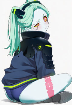 1girl :/ artificial_eye artist_request ass bare_shoulders bra closed_mouth colored_sclera colored_skin crossed_legs cyberpunk:_edgerunners cyberpunk_(series) cyborg full_body green_eyes green_hair highres long_hair looking_at_viewer looking_back mechanical_eye neck_tattoo pink_tattoo rebecca_(cyberpunk) red_pupils red_sclera simple_background solo stomach_tattoo strapless strapless_bra tattoo twintails underwear underwear_only upper_body white_skin wide_hips