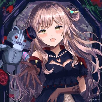 1girl absurdres atnamiret black_dress blush breasts brown_gloves charlotta_skopovskaya cleavage cleavage_cutout clothing_cutout commentary dress elbow_gloves english_commentary flower gloves hair_bun hair_ornament hat heart_cutout heaven_burns_red highres jewelry lace lace_gloves long_hair looking_at_viewer medium_breasts necklace open_mouth pearl_necklace pink_hair reaching reaching_towards_viewer rose sidelocks single_side_bun smile solo stuffed_animal stuffed_cat stuffed_toy tears teddy_bear upper_body yellow_eyes