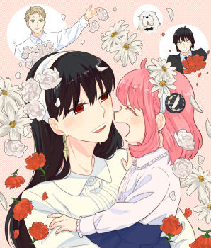 2boys 2girls ^_^ adoptive_parent_and_adoptive_child anya_(spy_x_family) black_hair black_jacket blonde_hair blue_eyes blue_skirt blush bond_(spy_x_family) bouquet child closed_eyes collared_shirt commentary_request earrings face-to-face falling_petals flower gold_earrings hair_flower hair_ornament hairpods highres jacket jewelry long_hair long_sleeves medium_hair mother_and_daughter multiple_boys multiple_girls open_mouth outstretched_arm petals pink_background pink_hair profile red_eyes red_flower shirt short_hair skirt smile spy_x_family suit_jacket sunbo_zatta teeth twilight_(spy_x_family) upper_teeth_only white_flower white_shirt yor_briar yuri_briar