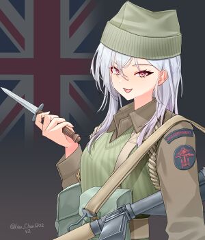 1girl absurdres ammunition_pouch artist_name belt british_army brown_belt brown_jacket commentary flag_background green_hat green_vest gun_sling hat highres holding holding_knife holding_weapon jacket knife leochan1202 long_hair long_sleeves looking_at_viewer military military_operator military_uniform original patch pouch red_eyes shoulder_patch smile solo sten_gun suspenders union_jack unit_patch upper_body vest weapon white_hair world_war_ii