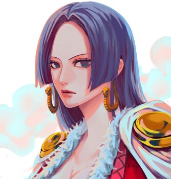 1girl black_hair boa_hancock cape closed_mouth commentary earrings english_commentary epaulettes expressionless eyelashes highres hood hooded_cape jewelry k164 long_hair looking_at_viewer one_piece sidelocks signature smoke snake_earrings solo white_cape
