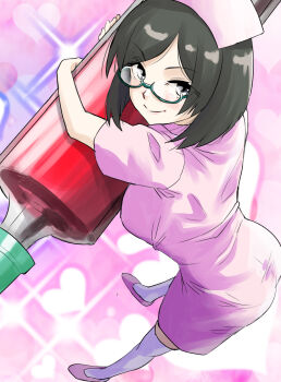 Rule 34 | 1girl, black hair, dress, glasses, grey eyes, hat, heart, heart background, highres, kantai collection, kirishima (kancolle), looking at viewer, nekotarou (nktr299), nurse, nurse cap, oversized object, pink background, pink dress, pink hat, short hair, solo, sparkle background, syringe