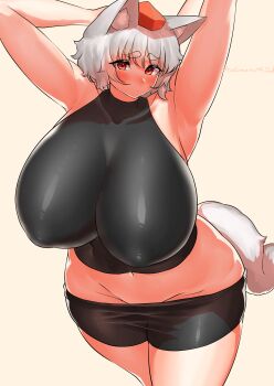 1girl absurdres animal_ear_fluff animal_ears arms_behind_head black_shorts black_tank_top blush breasts closed_mouth commentary_request cowboy_shot grey_hair hat highres huge_breasts inubashiri_momiji looking_at_viewer midriff navel plump raised_inner_eyebrows red_eyes red_hat short_hair shorts sidelighting solo swept_bangs tail take_(take143000) tank_top thick_thighs thighs tokin_hat touhou wolf_ears wolf_girl wolf_tail