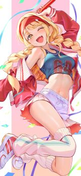 1girl arm_up armpit_crease blonde_hair blue_shirt braid breasts clothes_writing commentary_request crop_top dolphin_shorts fang fujita_kotone gakuen_idolmaster headband highres holding holding_microphone idolmaster jacket kainown legs_up long_hair long_sleeves looking_at_viewer loose_socks loose_thighhigh medium_breasts microphone midriff miniskirt navel off_shoulder one_eye_closed open_clothes open_jacket open_mouth pink_skirt pleated_skirt red_jacket shirt shoes short_shorts shorts skirt skirt_under_shorts sleeveless sleeveless_shirt smile sneakers socks solo stomach thighhighs thighs twin_braids twintails white_shoes white_shorts white_socks white_thighhighs yellow_eyes