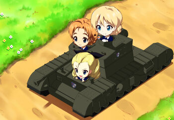 3girls assam_(girls_und_panzer) black_ribbon blonde_hair blue_eyes blue_sweater braid churchill_(tank) closed_mouth cup darjeeling_(girls_und_panzer) emblem enter_enter_mission! girls_und_panzer grass hair_pulled_back hair_ribbon highres holding holding_cup holding_saucer long_hair long_sleeves military military_vehicle motor_vehicle multiple_girls nape_braid open_mouth orange_hair orange_pekoe_(girls_und_panzer) ribbon saucer school_uniform shirt short_hair smile st._gloriana&#039;s_(emblem) st._gloriana&#039;s_school_uniform sweater tank tea teacup teapot twin_braids updo v-neck white_shirt youmou_usagi