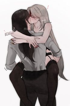 ! 2girls beidou_(genshin_impact) black_bra black_hair black_panties black_pants black_thighhighs blonde_hair blush bra carrying carrying_person claws closed_eyes collared_shirt commentary garter_belt genshin_impact hair_ornament heart highres kiss lart_art1 leg_lock long_hair multiple_girls ningguang_(genshin_impact) panties pants red_nails shirt simple_background sleeves_rolled_up symbol-only_commentary tassel tassel_hair_ornament thighhighs trembling underwear white_background white_shirt yuri