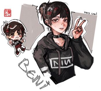 1girl artist_request belt_collar black_hair chainsaw_man collar crying earrings hair_ornament hairclip higashiyama_kobeni highres hood hoodie jewelry nine_inch_nails piropoi ponytail short_hair simple_background skirt solo