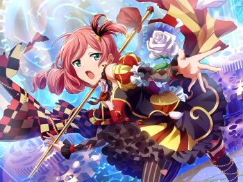 Rule 34 | 1girl, asymmetrical legwear, black dress, black thighhighs, detached sleeves, dress, drill hair, feather hair ornament, feathers, flower, frilled dress, frilled sleeves, frills, game cg, gears, green eyes, hair ornament, holding, holding pole, looking at viewer, multicolored dress, official art, open mouth, pink hair, pole, puffy detached sleeves, puffy sleeves, rose, shoujo kageki revue starlight, shoujo kageki revue starlight -re live-, solo, striped clothes, striped thighhighs, tarot, the fool (tarot), thighhighs, tsuruhime yachiyo, uneven legwear, upper body, white flower, white rose