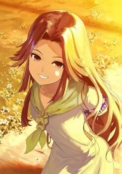 1girl brown_eyes brown_hair dress long_hair looking_at_viewer neckerchief nintendo nokisaki_nibosi parted_bangs pointy_ears romani_(zelda) short_sleeves smile solo teeth the_legend_of_zelda the_legend_of_zelda:_majora&#039;s_mask white_dress yellow_neckerchief