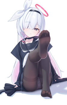 1girl absurdres black_choker black_coat black_hairband black_pantyhose black_sailor_collar black_serafuku blue_archive braid choker closed_mouth coat colored_inner_hair expressionless feet feet_up fingernails foot_focus fpvjoe grey_eyes hair_between_eyes hair_over_one_eye hairband halo head_tilt highres light_blush loli long_hair long_sleeves looking_at_viewer multicolored_hair neckerchief no_shoes one_eye_covered panties panties_under_pantyhose pantyhose pantyshot pink_panties plana_(blue_archive) presenting_own_foot red_halo red_pupils sailor_collar school_uniform serafuku simple_background single_braid sleeves_past_wrists soles striped_clothes striped_panties thighband_pantyhose toes underwear very_long_hair white_background white_hair white_neckerchief
