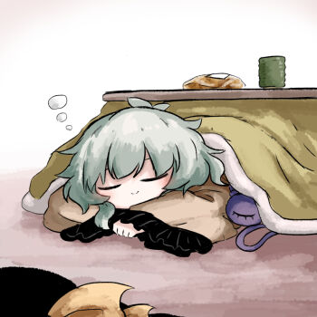 1girl bag black_hat blouse closed_eyes cup eyeball food frilled_sleeves frills green_hair hat hat_ribbon head_rest heripantomorrow komeiji_koishi kotatsu lying on_stomach plastic_bag ribbon shirt sleeping squeans table third_eye touhou under_kotatsu under_table unworn_hat unworn_headwear yellow_ribbon yellow_shirt yunomi