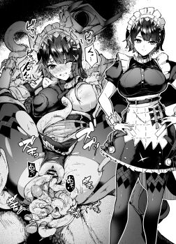 1girl before_and_after bestiality black_hair breasts censored ellen_joe ethereal_(zenless_zone_zero) fins fish_tail highres interspecies maid maid_headdress mole mole_under_eye pantyhose penis rape restrained sex shark_girl shark_tail short_hair tail tears tentacle_sex tentacles torn_clothes vaginal yatai_(ya2taic) zenless_zone_zero