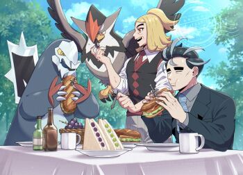 2boys batabiru baxcalibur black_hair black_jacket black_sweater_vest blonde_hair blue_necktie blue_sky bottle chewing claws cup eating food fruit gen_4_pokemon grapes grey_shirt hassel_(pokemon) holding holding_food jacket larry_(pokemon) male_focus mug multiple_boys necktie nintendo open_mouth outdoors plate pokemon pokemon_(creature) pokemon_sv red_necktie sandwich shirt sky staraptor sweater_vest thick_eyebrows white_shirt