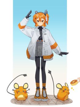 1girl a.i._voice absurdres adachi_rei arm_up black_gloves black_pantyhose black_shirt dedenne drawstring full_body gen_6_pokemon gloves grey_shorts hair_ribbon highres jacket long_sleeves looking_at_viewer medium_hair nintendo one_side_up open_clothes open_jacket orange_eyes orange_hair orange_shoes pantyhose pantyhose_under_shorts pokemon pokemon_(creature) ribbon senri_(hrydy_o) shirt shoes shorts standing straight-on utau white_jacket white_ribbon