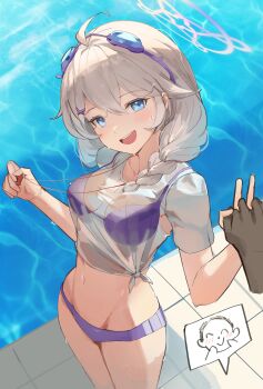 1girl :d absurdres bikini bikini_under_clothes bikini_visible_through_clothes blue_archive blue_eyes braid breasts doodle_sensei_(blue_archive) eyewear_on_head goggles goggles_on_head hair_ornament halo highres holding holding_whistle kirino_(blue_archive) kirino_(swimsuit)_(blue_archive) long_hair looking_at_viewer navel open_mouth poolside purple_bikini purple_halo see-through_clothes see-through_shirt sensei_(blue_archive) seulpeunna shirt single_braid smile swim_goggles swimsuit translated twin_braids water wet wet_clothes wet_shirt whistle whistle_around_neck white_hair