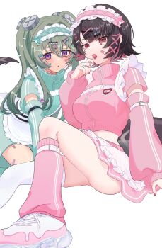 2girls alternate_costume apron bandaid bandaid_on_face bandaid_on_finger bandaid_on_hand bandaid_on_leg black_hair candy colored_inner_hair commentary_request corin_wickes detached_sleeves ellen_joe facial_mark fins fish_tail food green_hair green_jacket hair_ornament hairclip heart heart_facial_mark highres holding holding_candy holding_food holding_lollipop jacket lapel_pin leg_warmers lollipop lollipop_in_mouth long_hair looking_at_viewer maid_apron maid_headdress mole mole_under_eye multicolored_hair multiple_girls open_mouth pink_jacket pink_leg_warmers pink_skirt pink_sleeves purple_eyes red_eyes red_nails ruaruayana scar scar_on_tail screw_hair_ornament shark_girl shark_tail sharp_teeth shoes short_eyebrows short_hair simple_background sitting skirt sneakers tail teeth thick_eyebrows too_many_bows too_many_hair_ornaments waist_apron white_apron white_background white_shoes zenless_zone_zero zipper zipper_pull_tab