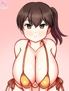 1girl artist_logo bikini breasts brown_eyes brown_hair cleavage dated gold_bikini gradient_background kaga_(kancolle) kanon_(kurogane_knights) kantai_collection large_breasts logo looking_at_viewer micro_bikini one-hour_drawing_challenge pink_background side-tie_bikini_bottom solo split_mouth swimsuit