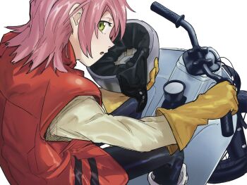 Rule 34 | flcl, gloves, hard hat, haruhara haruko, helmet, highres, looking to the side, motor vehicle, open mouth, pink hair, pink punk ponk, scooter, simple background, yellow gloves