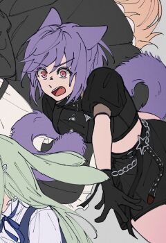 Rule 34 | 3girls, animal ears, arknights, bang dream!, bang dream! it's mygo!!!!!, black dress, black gloves, black shirt, black skirt, commentary, crop top, dress, english commentary, fang, gloves, green hair, hair ornament, hairclip, highres, misumi uika, misumi uika (perro), multiple girls, nemuireii, open mouth, pink eyes, puffy short sleeves, puffy sleeves, purple hair, rabbit ears, rabbit girl, shirt, short hair, short sleeves, skirt, teeth, upper teeth only, wakaba mutsumi, wakaba mutsumi (cautus), yuutenji nyamu, yuutenji nyamu (feline)