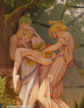 1girl 2boys against_tree anal artist_name ass barefoot bartolomeobari blonde_hair carrot_(one_piece) cigarette clothed_sex cum cum_in_ass cum_in_pussy double_penetration furry green_hair green_kimono group_sex highres japanese_clothes kimono long_hair mmf_threesome multiple_boys no_panties official_alternate_costume one_piece open_mouth penis plantar_flexion rabbit_girl rabbit_tail roronoa_zoro sanji_(one_piece) scar sex sex_from_behind short_hair smile standing standing_missionary standing_sex striped_clothes striped_kimono suspended_congress tail teeth testicles threesome tongue tongue_out tree twitter_logo uncensored upper_teeth_only vaginal vertical-striped_clothes vertical-striped_kimono