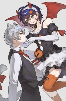 1boy 1girl :d absurdres alternate_costume animal_ears asymmetrical_legwear bell belle_(zenless_zone_zero) black_gloves black_shirt black_vest blue_eyes blue_hair bow bowtie brother_and_sister cat_boy cat_ears cat_tail collared_shirt demon_horns demon_tail demon_wings elbow_gloves food-themed_hair_ornament gloves grey_hair hair_ornament hairclip highres horns hug moyaoyaoyaoyao_r neck_bell off-shoulder_shirt off_shoulder open_mouth orange_socks orange_thighhighs puffy_short_sleeves puffy_sleeves pumpkin_hair_ornament red_bow red_bowtie red_horns red_tail red_wings shirt short_hair short_sleeves siblings simple_background single_sock single_thighhigh skirt smile socks spaghetti_strap tail thighhighs tongue vest white_background white_gloves white_shirt white_skirt wings wise_(zenless_zone_zero) zenless_zone_zero