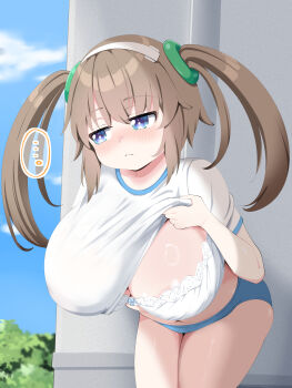 ... 1girl absurdres areola_slip blue_buruma blue_eyes blush bra breasts brown_hair buruma closed_mouth clothes_lift commentary_request frilled_bra frills frown highres huge_breasts leaning_forward long_hair looking_to_the_side minori_(senran_kagura) nagashima_(nagatol) navel no_bra ring_hair_ornament senran_kagura senran_kagura_shinovi_versus shirt_lift solo spoken_ellipsis twintails underwear white_bra