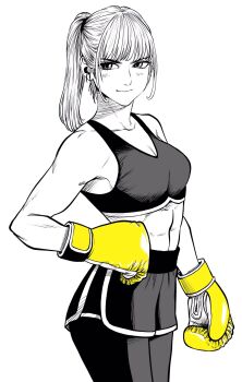 Rule 34 | 1girl, abs, boxing gloves, breasts, cleavage, commentary request, cowboy shot, dolphin shorts, gloves, greyscale, hand on own hip, high ponytail, highres, lee (dragon garou), linea alba, medium breasts, monochrome, original, pantyhose, ponytail, shorts, sidelocks, smile, solo, sports bra, spot color, toned, toned female, yellow gloves