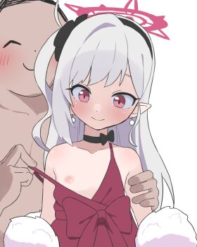 1boy 1girl age_difference ahoge black_choker black_hairband blue_archive blush bubukka choker closed_mouth collarbone dress earrings flat_chest hair_ornament hairband halo jewelry loli long_hair mutsuki_(blue_archive) mutsuki_(dress)_(blue_archive) nipples pearl_earrings pulling_another&#039;s_clothes red_dress red_eyes solo_focus strap_pull sweat upper_body white_hair