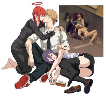 1boy 2girls alcohol barefoot black_dress black_necktie black_pants black_shorts black_thighhighs blonde_hair blush bottle chainsaw_man cheating_(relationship) commentary denji_(chainsaw_man) dress drooling drunk english_commentary hair_between_eyes halo hetero highres holding holding_bottle hug kiss kneeling lap_pillow long_hair_between_eyes lying makima_(chainsaw_man) mouth_drool multiple_girls necktie nose_blush on_side pants photo-referenced purple_hair red_hair reference_inset reze_(chainsaw_man) shiren_(ourboy83) shirt shorts sidelocks sitting sleeping sleeveless sleeveless_shirt thighhighs white_shirt
