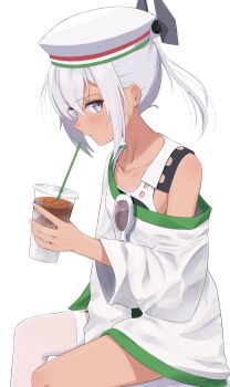 1girl absurdres breasts cup dace_(kancolle) disposable_cup grey_eyes grey_hair hat highres holding holding_cup kantai_collection l_meet leonardo_da_vinci_(kancolle) one-piece_swimsuit ponytail shirt single_thighhigh sitting small_breasts solo sunglasses swimsuit thighhighs white_hat white_shirt white_thighhighs