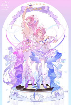 2girls absurdres alternate_costume arm_up backless_leotard backless_outfit ballerina ballet ballet_dress ballet_slippers bare_shoulders blue_flower blue_rose breasts bug butterfly butterfly_on_hand character_name chinese_commentary closed_eyes closed_mouth commentary_request covered_navel cyrene_(demiurge)_(honkai:_star_rail) cyrene_(honkai:_star_rail) cyrene_(philia093)_(honkai:_star_rail) dated dual_persona en_pointe flower full_body hair_flower hair_ornament highres honkai:_star_rail honkai_(series) insect leotard long_hair looking_up medium_breasts miaogujun multicolored_hair multiple_girls pantyhose pink_hair pink_shoes pink_skirt purple_butterfly purple_eyes purple_flower purple_rose purple_shoes purple_skirt rose shoes short_hair skirt smile streaked_hair very_long_hair white_leotard white_pantyhose