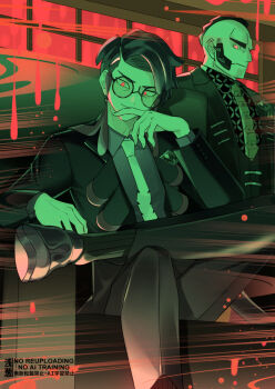 2boys closed_mouth collared_shirt commentary_request corbeau_(pokemon) crossed_legs facial_hair glasses initial-o jacket long_sleeves looking_down male_focus mohawk multiple_boys mutton_chops necktie nintendo open_clothes open_jacket orange_eyes pants philippe_(pokemon) pokemon pokemon_legends:_z-a round_eyewear shirt shoes short_hair sitting smile watermark