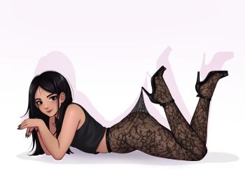 1girl absurdres art2ray artist_name black_hair black_pantyhose black_shoes black_socks brown_eyes brown_hair commission fishnet_pantyhose fishnets high_heels highres lying nail_polish panty_&amp;_stocking_with_garterbelt pantyhose ray-art2.0 shoes socks