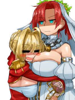 absurdres annoyed asymmetrical_bangs between_breasts blonde_hair blush boudica_(fate) breast_press breasts chain choker cleavage closed_eyes cosplay detached_sleeves dress epaulettes fate/grand_order fate_(series) green_eyes hair_intakes head_between_breasts highres hug large_breasts nero_claudius_(bride)_(fate) nero_claudius_(bride)_(fate)_(cosplay) nero_claudius_(fate) open_mouth ponytail red_dress red_eyes shaded_face steamingtofu veil wedding_dress white_choker white_veil