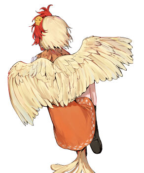 Rule 34 | 1girl, absurdres, animal, animal on head, baby animal, bird, bird on head, bird tail, blonde hair, boots, brown boots, chick, commentary request, corrupted twitter file, dress, facing away, feathered wings, from behind, highres, multicolored hair, niwatari kutaka, on head, orange dress, red hair, short hair, simple background, solo, tail, takoyaki5221, touhou, two-tone hair, white background, wings, yellow wings