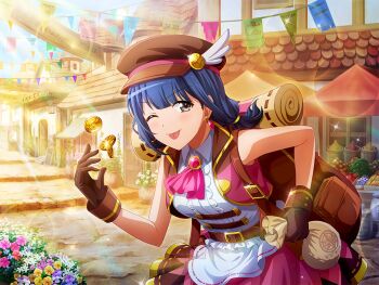 1girl ;p backpack bag blue_hair brown_bag brown_eyes brown_gloves brown_hat building coin earrings game_cg gloves hanayagi_kaoruko hat holding jacket jewelry leaning_forward looking_at_viewer medium_hair official_art one_eye_closed pink_jacket pink_skirt road shirt short_twintails shoujo_kageki_revue_starlight shoujo_kageki_revue_starlight_-re_live- skirt sleeveless sleeveless_jacket solo standing street tongue tongue_out twintails upper_body white_shirt