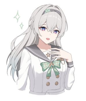 1girl absurdres black_hairband blue_pupils bow bowtie buttons commentary cropped_torso crossed_bangs double-breasted firefly_(honkai:_star_rail) firefly_(spring_missive)_(honkai:_star_rail) gradient_hair green_bow green_bowtie green_hair grey_hair grey_sailor_collar hair_between_eyes hair_intakes hairband highres honkai:_star_rail honkai_(series) long_hair looking_at_viewer multicolored_hair nicel official_alternate_costume open_mouth print_bow print_bowtie purple_eyes sailor_collar shirt simple_background solo two-tone_hair white_background white_shirt