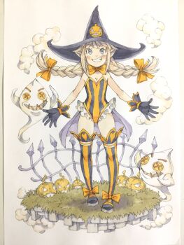 1girl bare_shoulders black_gloves black_hat black_shoes blonde_hair blue_eyes bow bowtie braid button_eyes buttons commentary fence flat_chest floating frilled_leotard frills full_body ghost ghost_tail gloves grass grin hair_bow halloween hat heart highres iron_fence jack-o&#039;-lantern leotard looking_at_viewer medium_hair orange_bow orange_bowtie orange_leotard orange_thighhighs original peter_salt pointy_ears shoes sidelocks smile standing steam strapless strapless_leotard striped_clothes striped_leotard striped_thighhighs thighhighs thighs traditional_media twin_braids twintails vertical-striped_clothes vertical-striped_leotard vertical-striped_thighhighs witch_hat